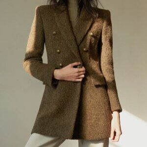 ZARA Long Double -Breasted Boucle Blazer Jacket Green Wool blend